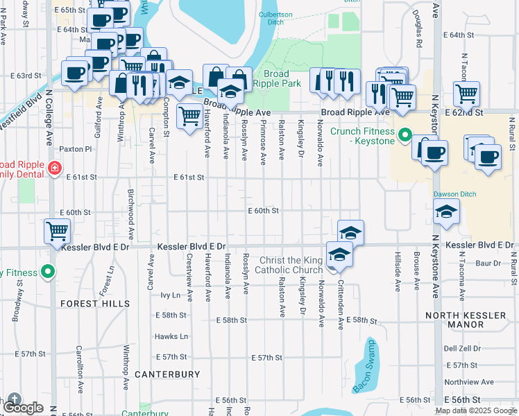 map of restaurants, bars, coffee shops, grocery stores, and more near 6002 Primrose Avenue in Indianapolis