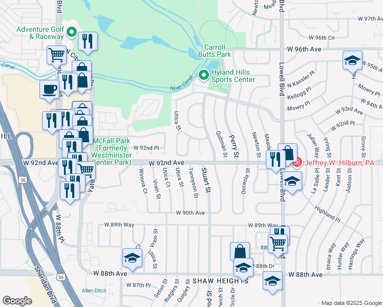 map of restaurants, bars, coffee shops, grocery stores, and more near 9240 Tennyson Street in Westminster