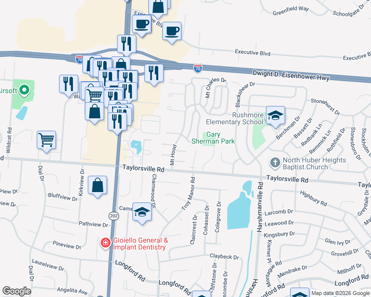 map of restaurants, bars, coffee shops, grocery stores, and more near 7616 Mount Hood in Dayton