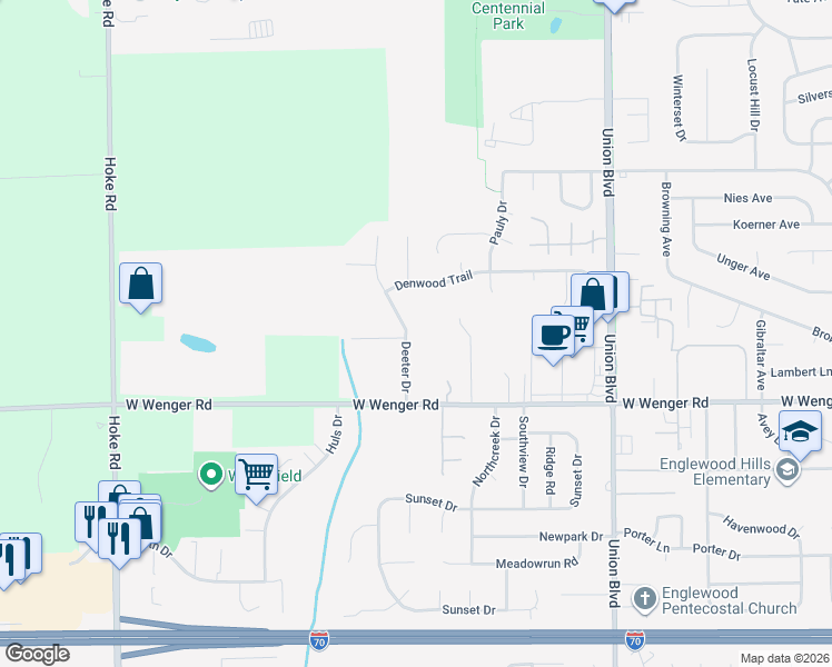 map of restaurants, bars, coffee shops, grocery stores, and more near 114 Deeter Dr in Clayton