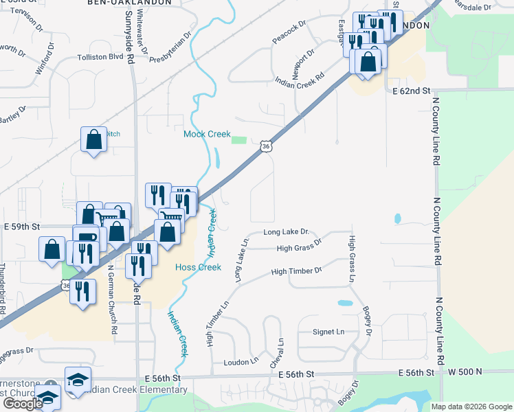 map of restaurants, bars, coffee shops, grocery stores, and more near 5925 Harsin Lane in Indianapolis