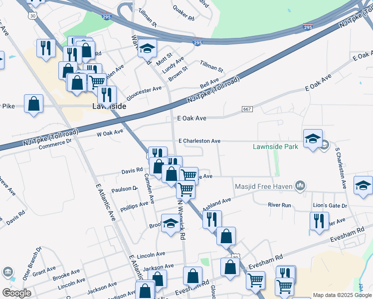 map of restaurants, bars, coffee shops, grocery stores, and more near 214 Miller Avenue in Lawnside