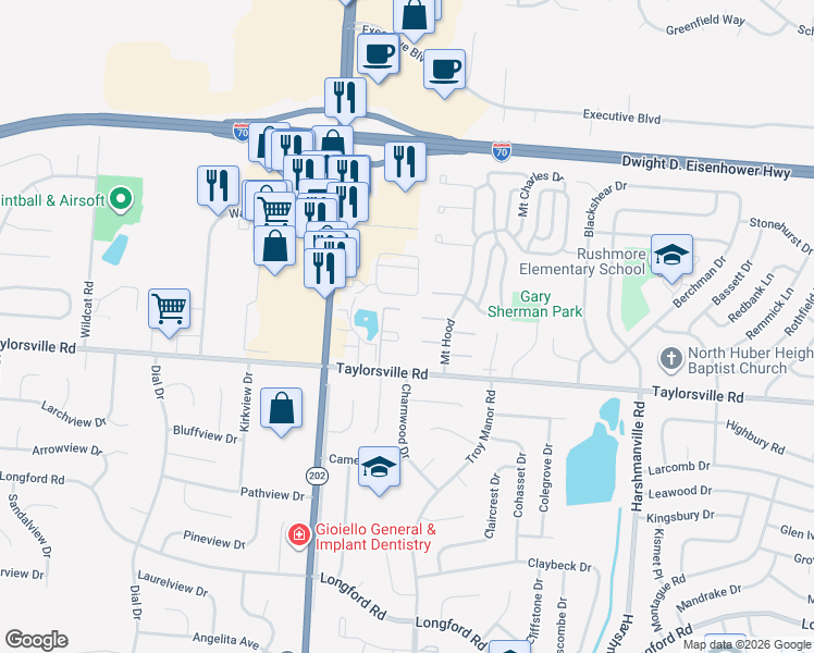 map of restaurants, bars, coffee shops, grocery stores, and more near 7549 Mount Hood in Dayton