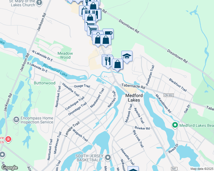 map of restaurants, bars, coffee shops, grocery stores, and more near 5 Natchez Trail in Medford