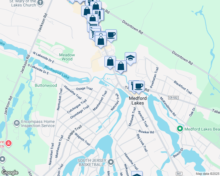 map of restaurants, bars, coffee shops, grocery stores, and more near 5 Natchez Trail in Medford