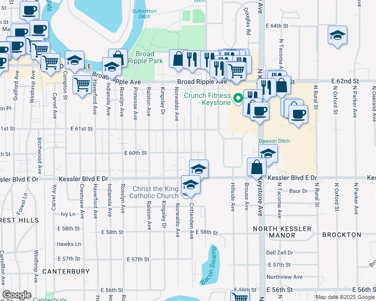 map of restaurants, bars, coffee shops, grocery stores, and more near 6002 Crittenden Avenue in Indianapolis