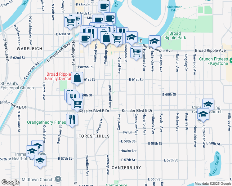map of restaurants, bars, coffee shops, grocery stores, and more near 1011 Chatfield Drive in Indianapolis