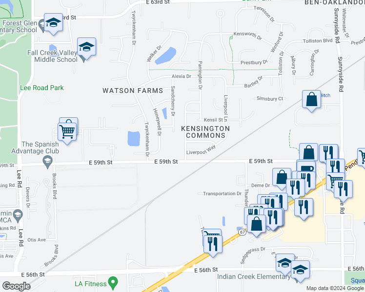 map of restaurants, bars, coffee shops, grocery stores, and more near 5938 Draycott Drive in Indianapolis