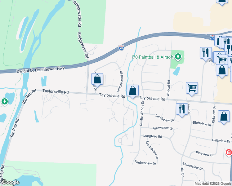 map of restaurants, bars, coffee shops, grocery stores, and more near 4735 Taylorsville Road in Huber Heights