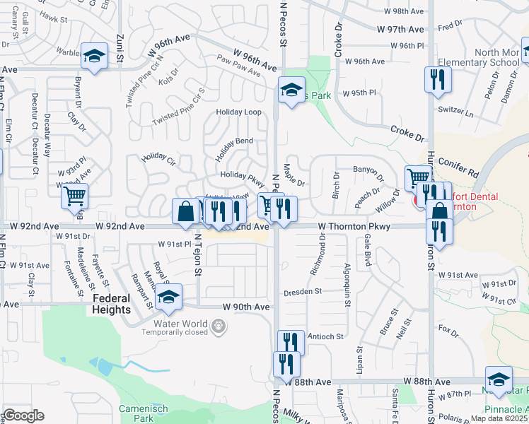 map of restaurants, bars, coffee shops, grocery stores, and more near 9200 North Pecos Street in Thornton