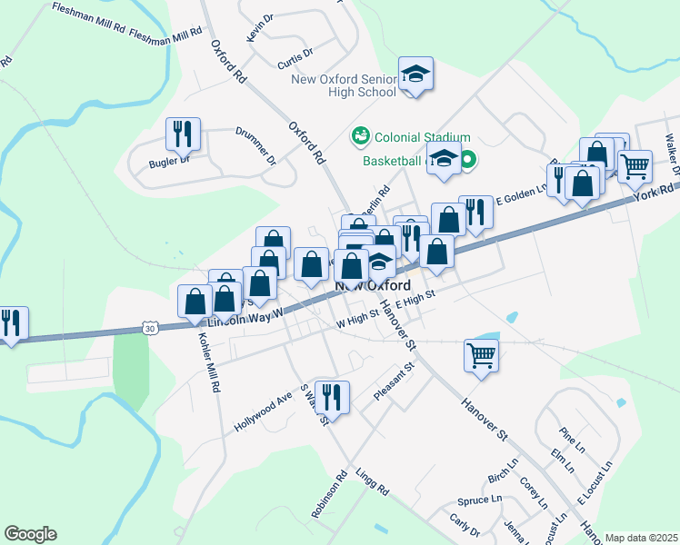 map of restaurants, bars, coffee shops, grocery stores, and more near 12 North Bolton Street in New Oxford