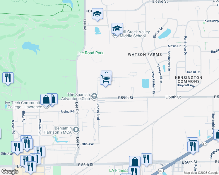 map of restaurants, bars, coffee shops, grocery stores, and more near 9702 East 59th Street in Indianapolis