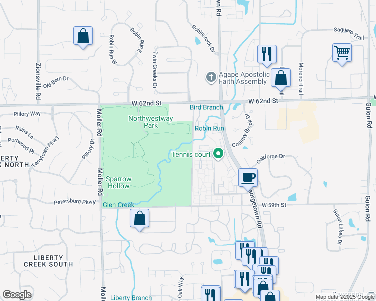 map of restaurants, bars, coffee shops, grocery stores, and more near 6054 Hollingsworth Road in Indianapolis