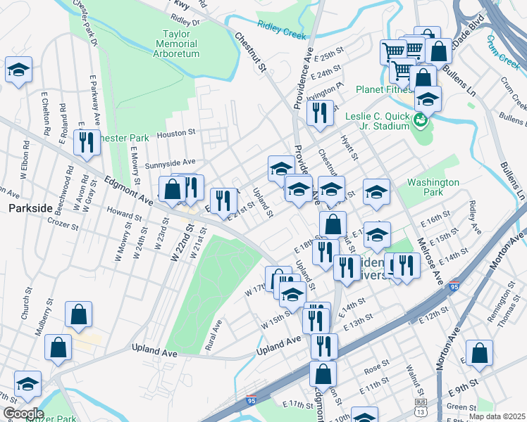 map of restaurants, bars, coffee shops, grocery stores, and more near 2016 Upland Street in Chester