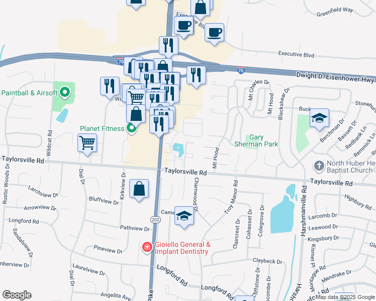 map of restaurants, bars, coffee shops, grocery stores, and more near 7578 Troy Pike in Huber Heights