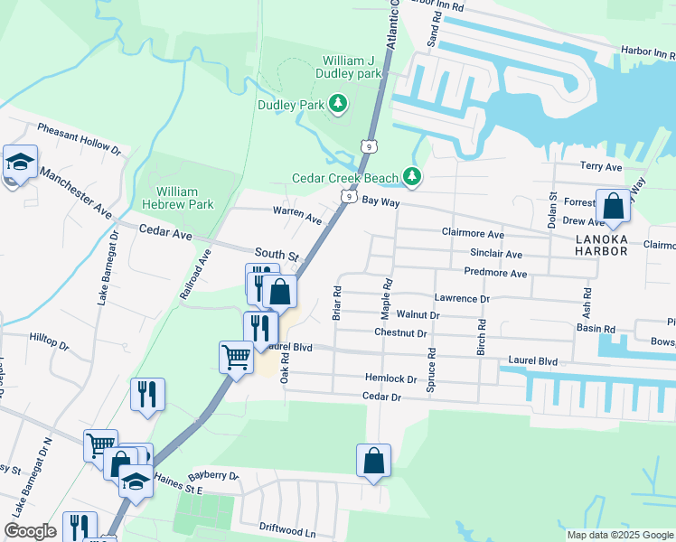 map of restaurants, bars, coffee shops, grocery stores, and more near 770 Briar Road in Lacey Township