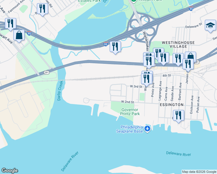 map of restaurants, bars, coffee shops, grocery stores, and more near 502b Corinthian Avenue in Tinicum Township