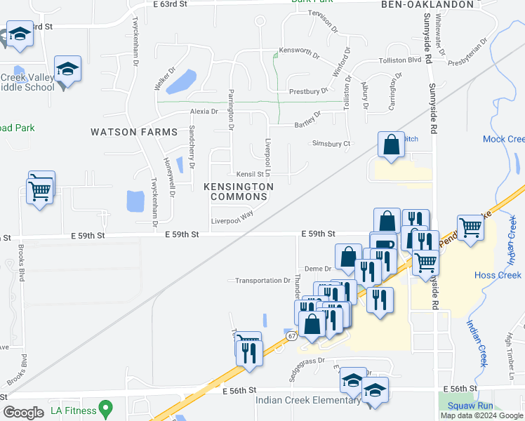 map of restaurants, bars, coffee shops, grocery stores, and more near 5947 Liverpool Lane in Indianapolis