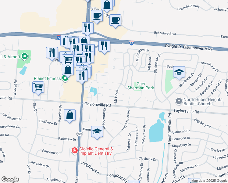 map of restaurants, bars, coffee shops, grocery stores, and more near 7579 Mount Hood in Dayton