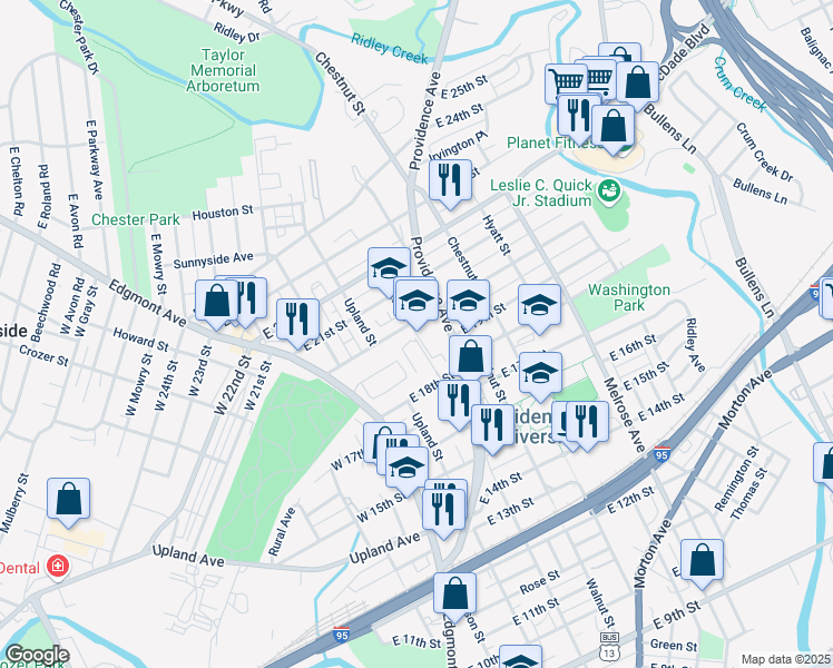 map of restaurants, bars, coffee shops, grocery stores, and more near 1901 Potter St in Chester