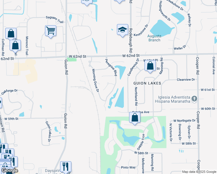 map of restaurants, bars, coffee shops, grocery stores, and more near 3834 Kiskadee Court in Indianapolis