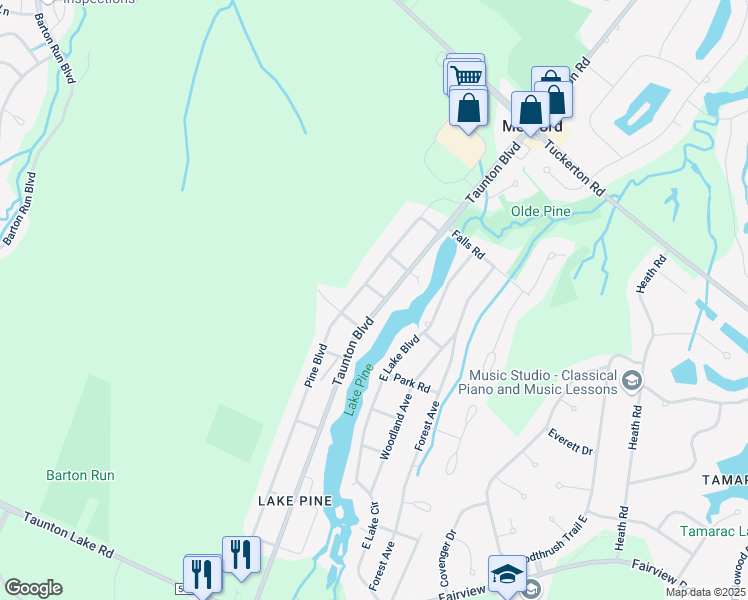 map of restaurants, bars, coffee shops, grocery stores, and more near 162 Taunton Boulevard in Medford