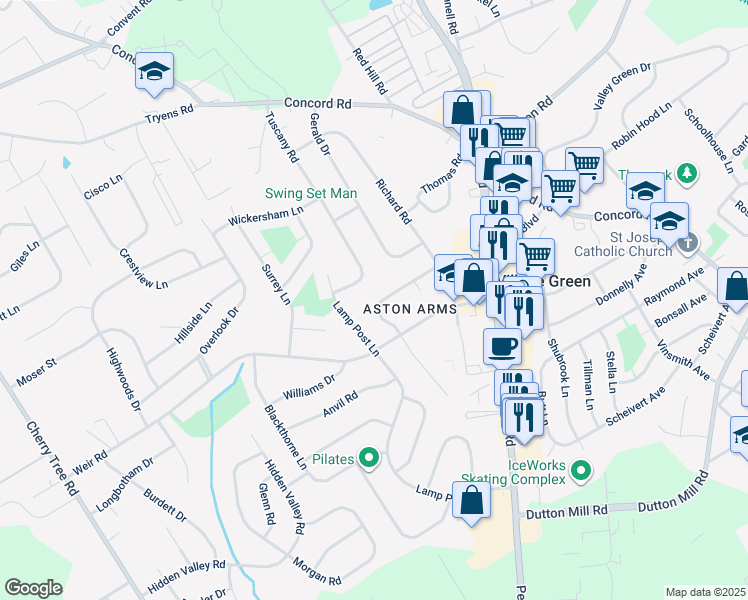 map of restaurants, bars, coffee shops, grocery stores, and more near 2632 Bancroft Drive in Aston