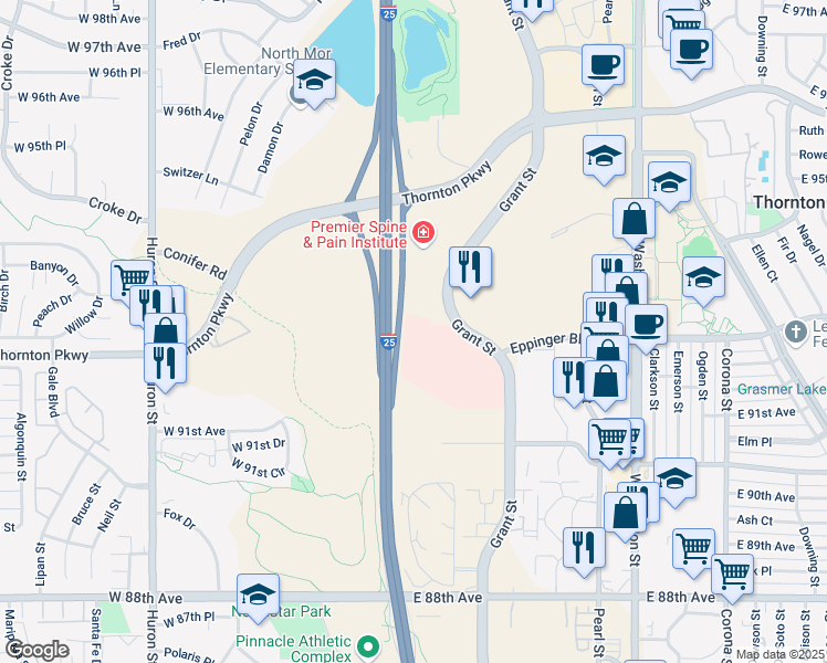 map of restaurants, bars, coffee shops, grocery stores, and more near 9195 Grant St in Thornton