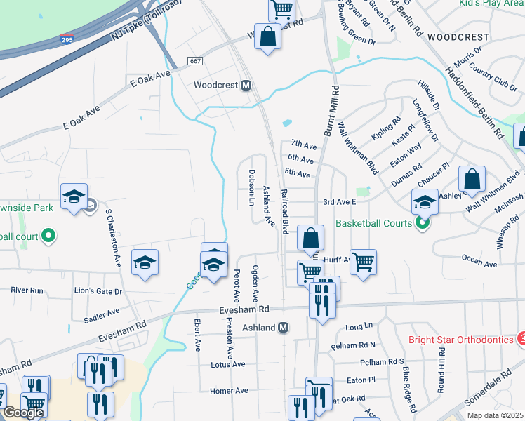 map of restaurants, bars, coffee shops, grocery stores, and more near 204 Ashland Avenue in Cherry Hill
