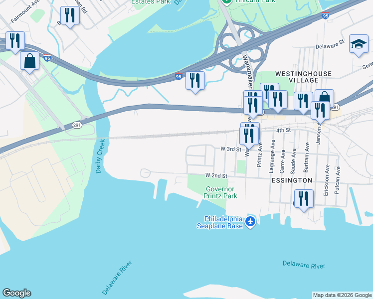 map of restaurants, bars, coffee shops, grocery stores, and more near 502b Corinthian Avenue in Tinicum Township