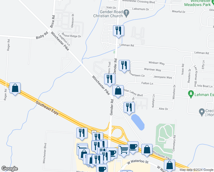 map of restaurants, bars, coffee shops, grocery stores, and more near 6046-6076 Winchester Pike in Canal Winchester
