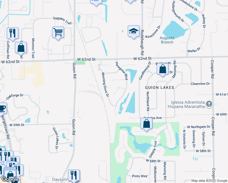 map of restaurants, bars, coffee shops, grocery stores, and more near 3834 Kiskadee Court in Indianapolis