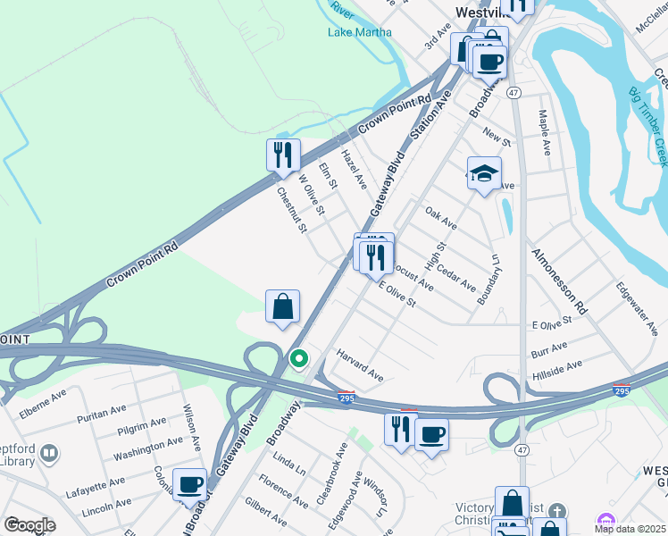 map of restaurants, bars, coffee shops, grocery stores, and more near 216 Chestnut Street in Westville