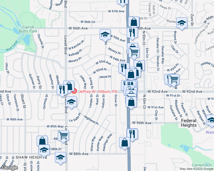 map of restaurants, bars, coffee shops, grocery stores, and more near 9220 Hooker Street in Westminster