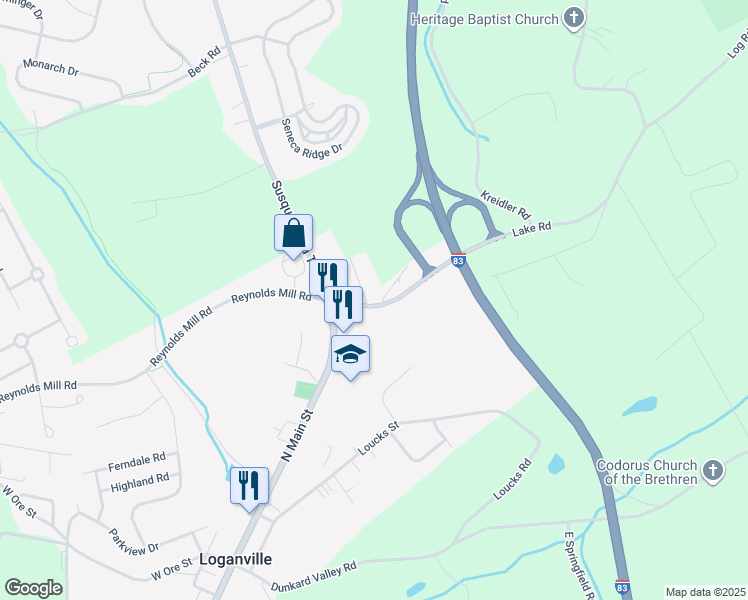 map of restaurants, bars, coffee shops, grocery stores, and more near 101 North Street in York