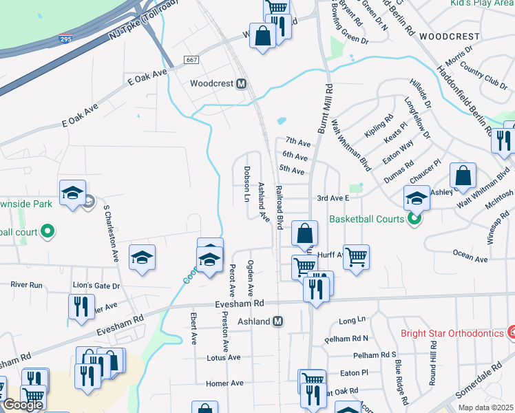 map of restaurants, bars, coffee shops, grocery stores, and more near 204 Ashland Avenue in Cherry Hill