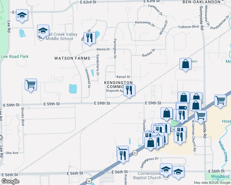 map of restaurants, bars, coffee shops, grocery stores, and more near 10336 Liverpool Way in Indianapolis