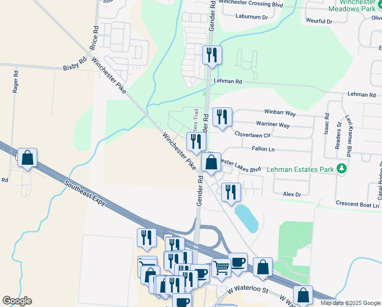 map of restaurants, bars, coffee shops, grocery stores, and more near 6046-6076 Winchester Pike in Canal Winchester