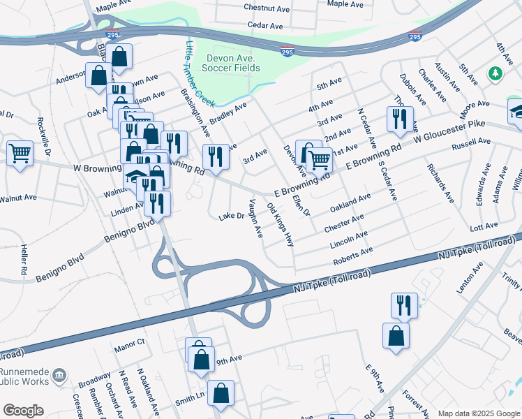 map of restaurants, bars, coffee shops, grocery stores, and more near 209 Lake Drive in Bellmawr