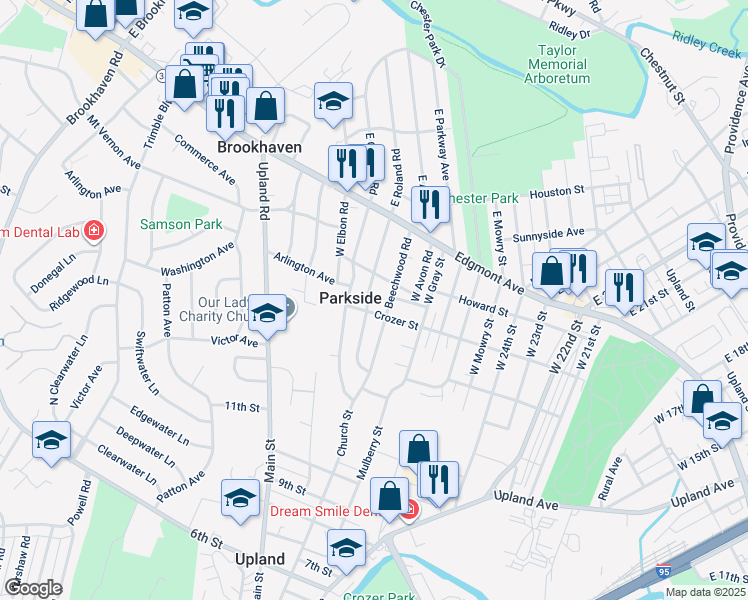 map of restaurants, bars, coffee shops, grocery stores, and more near 139 W Roland Rd in Brookhaven