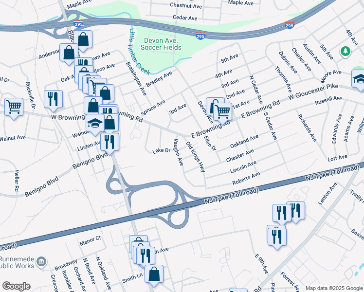 map of restaurants, bars, coffee shops, grocery stores, and more near 209 Lake Drive in Bellmawr