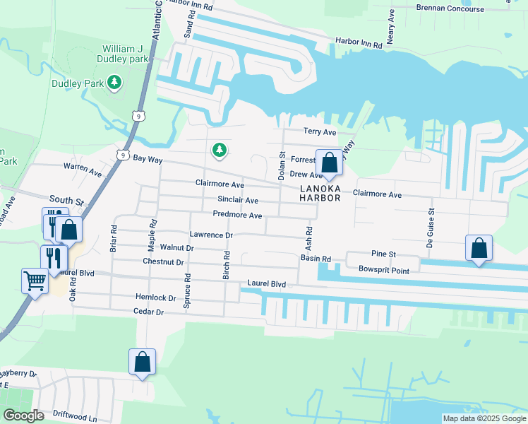 map of restaurants, bars, coffee shops, grocery stores, and more near 309 Predmore Avenue in Lacey Township