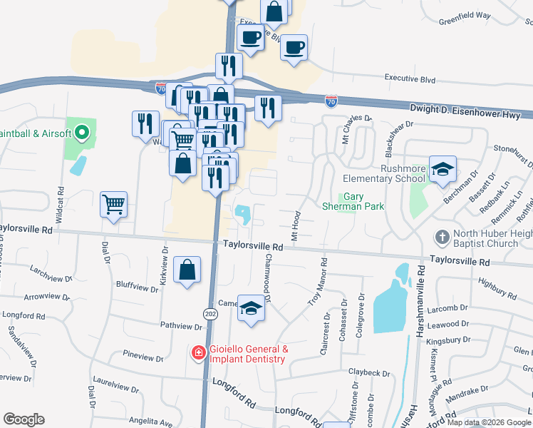 map of restaurants, bars, coffee shops, grocery stores, and more near 7549 Mount Hood in Dayton