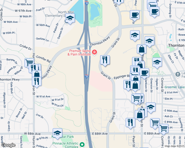 map of restaurants, bars, coffee shops, grocery stores, and more near 9195 Grant Street in Thornton