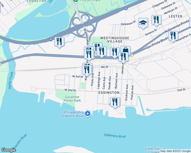 map of restaurants, bars, coffee shops, grocery stores, and more near 125 East 3rd Street in Delaware County