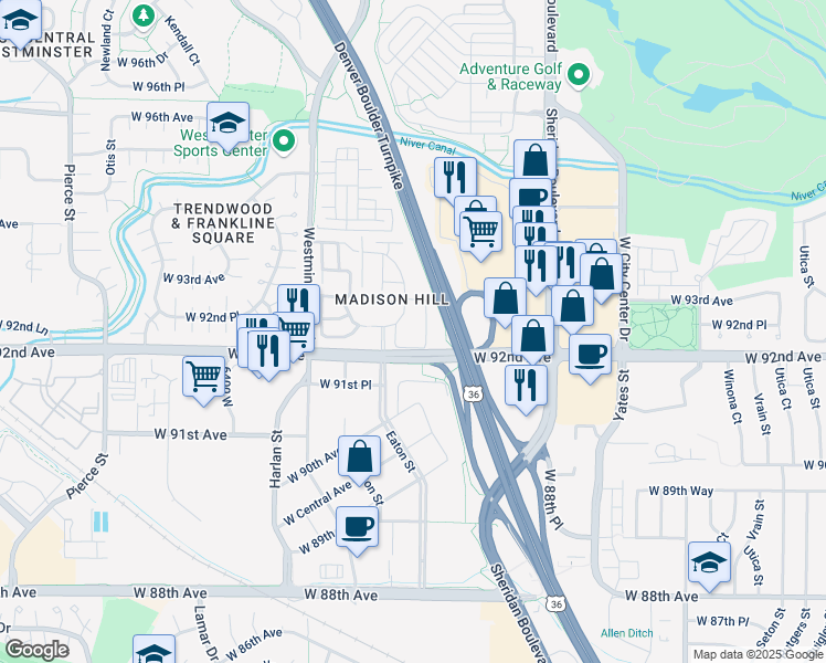 map of restaurants, bars, coffee shops, grocery stores, and more near 5711 West 92nd Avenue in Westminster