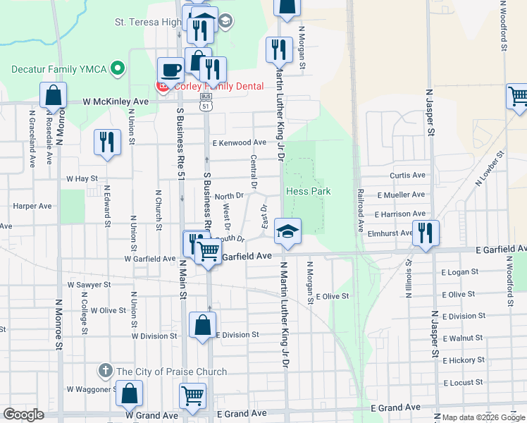 map of restaurants, bars, coffee shops, grocery stores, and more near East Drive in Decatur