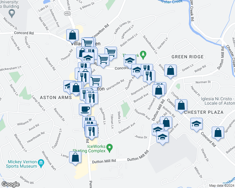 map of restaurants, bars, coffee shops, grocery stores, and more near 300 Donnelly Avenue in Aston