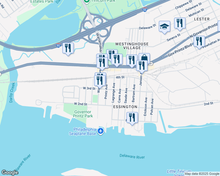 map of restaurants, bars, coffee shops, grocery stores, and more near 125 East 3rd Street in Delaware County
