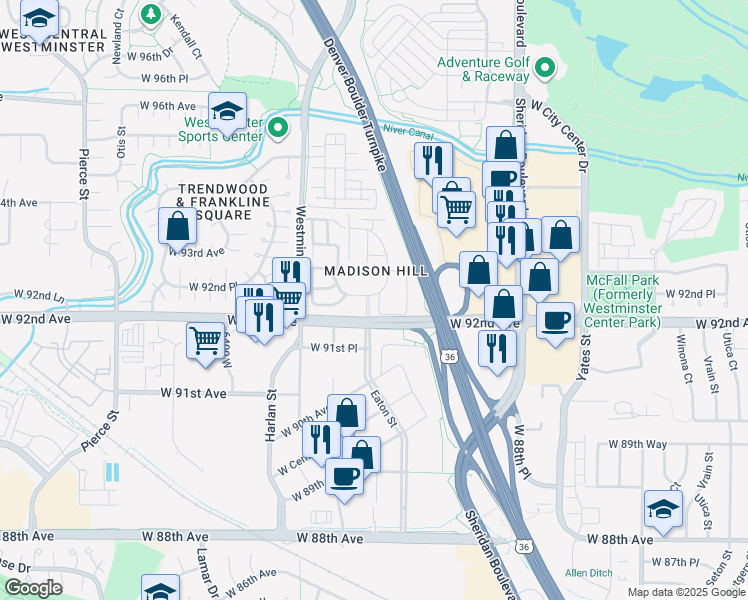 map of restaurants, bars, coffee shops, grocery stores, and more near 5711 West 92nd Avenue in Westminster